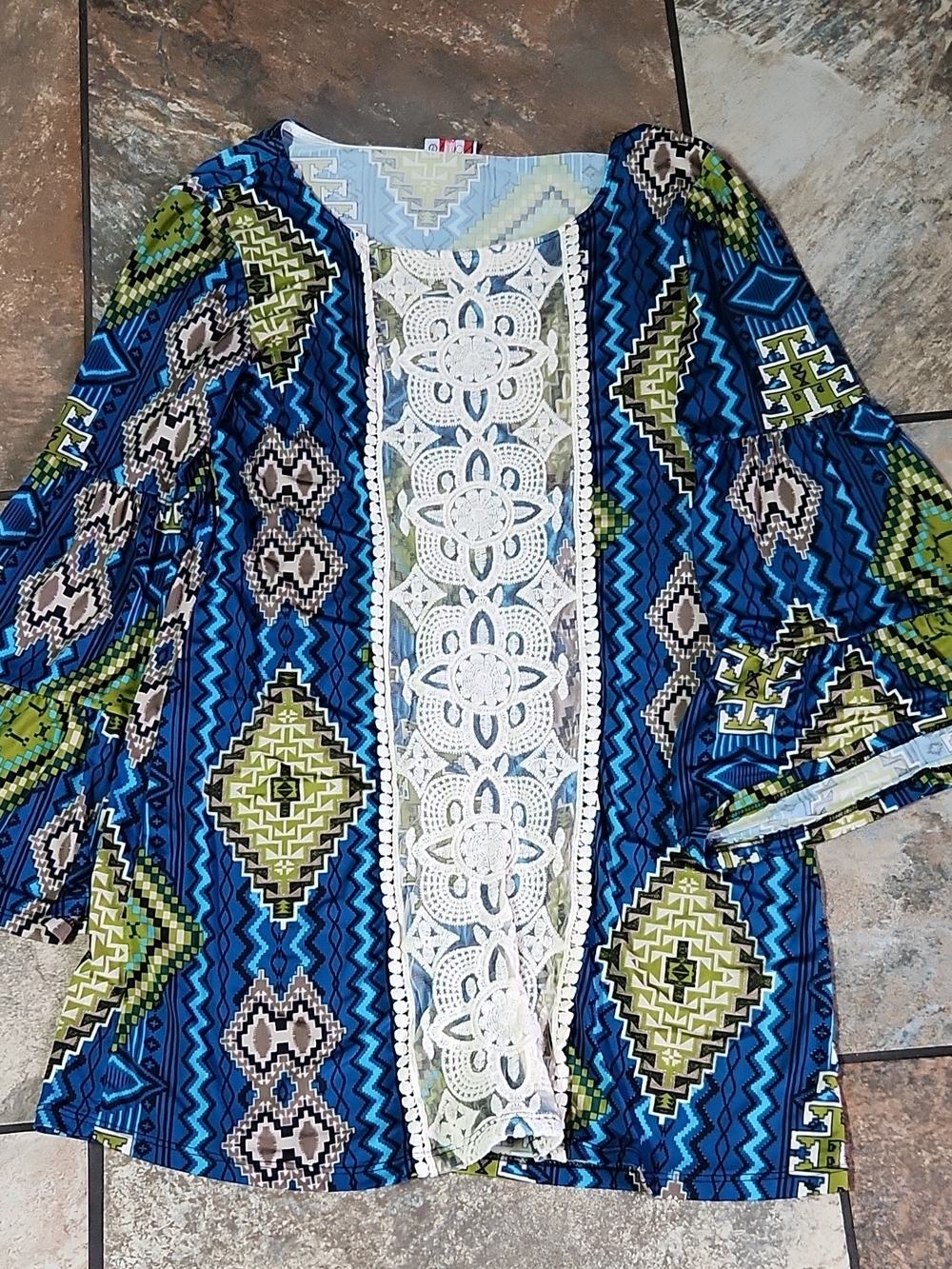 Blue & Green Aztec Crochet-Front Tunic